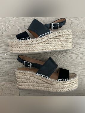 rag & bone Black Espadrille Platform Leather & Suede Sandals with Buckle Sz 4.5